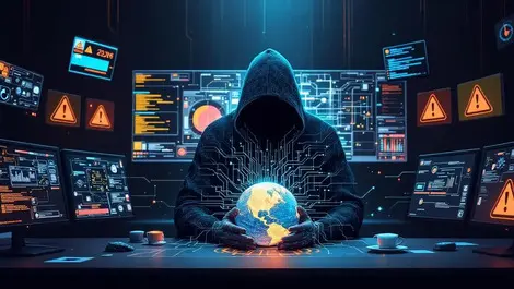 Ai cyber threats hooded figure machine identity chaos 2026