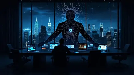 Ciso boardroom ai cyber threats glowing screens city night