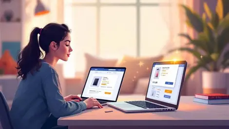 Online shopper comparing laptop phone deals golden value glow