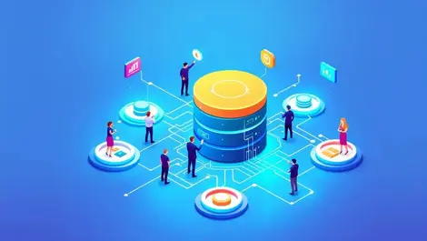 Isometric it team around server racks optimized database infra