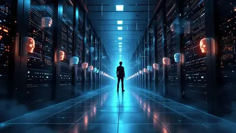 Moody datacenter ai identities cracking robot human masks illustration