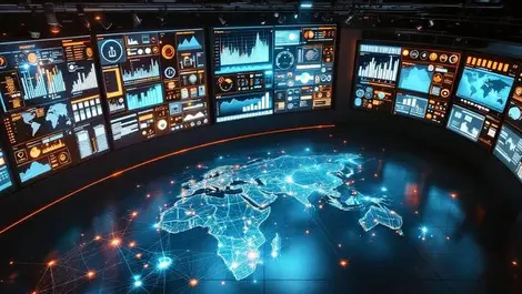 Industrial control room world map iot dashboards europe asia africa