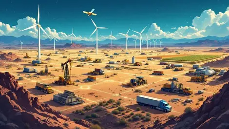 Industrial iot landscape oil rigs wind turbines trucks satellite