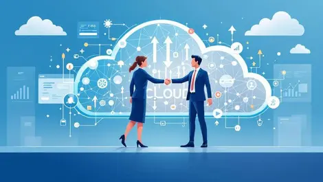 Business teams handshake over cloud ai agents automation network
