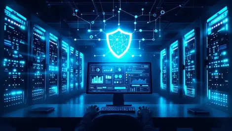 Dim server room admin workstation security shield network nodes