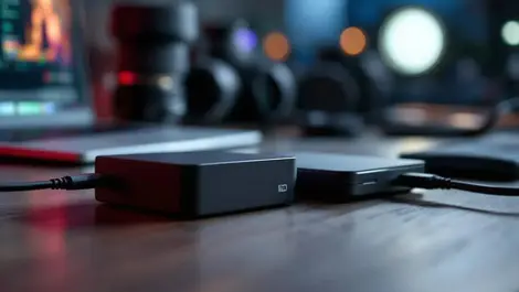 Cinematic video editor desk external drives secure storage flow