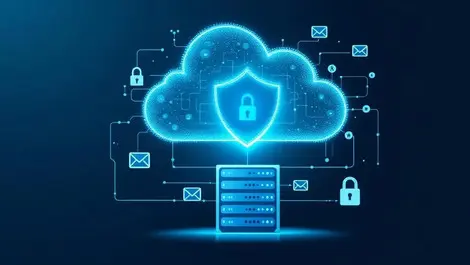 Secure cloud shields over server room with locks and email icons