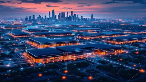 Apac data center campus dusk glowing network infrastructure