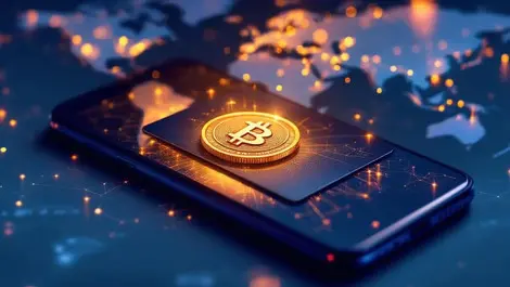 Mastercard on phone with glowing coin blockchain global payments