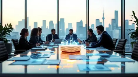Canadian boardroom executives ai productivity paper laptops city
