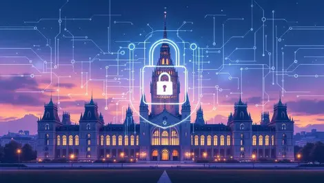 Ontario legislature dusk digital shield cybersecurity vector art