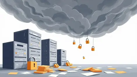 Editorial storm cloud over server racks cracked padlocks data risk